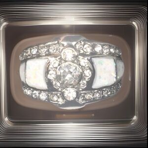 Art Deco Fire White Opal Sterling Silver Lined W/Sparkling Diamonds On This Ring